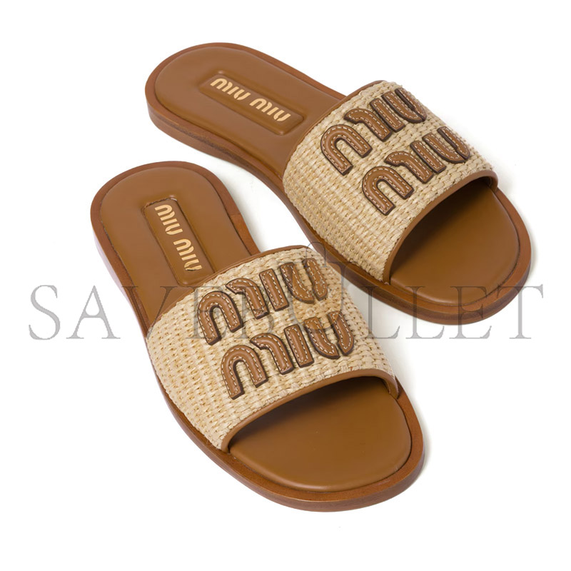 MIU MIU RAFFIA-EFFECT WOVEN FABRIC SLIDES 5XX644